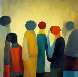 Painting of a group of abstract figures standing close together
