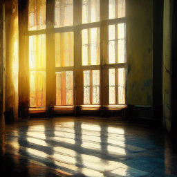 Painting of warm light streaming through tall windows onto an empty floor